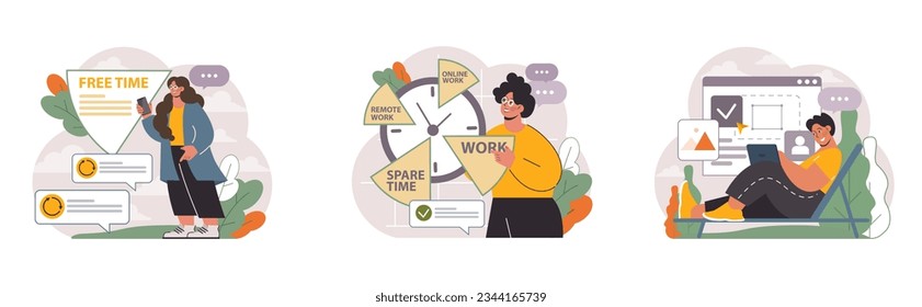 Conjunto de trabajo híbrido. Caracteres con un horario flexible, trabajando desde la oficina y el hogar. Teletrabajo y subcontratación, trabajo de empleados a nivel mundial. Nómada digital o idea independiente. Ilustración vectorial plana