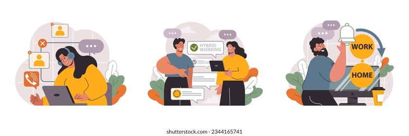 Conjunto de trabajo híbrido. Caracteres con un horario flexible, trabajando desde la oficina y el hogar. Teletrabajo y subcontratación, trabajo de empleados a nivel mundial. Nómada digital o idea independiente. Ilustración vectorial plana