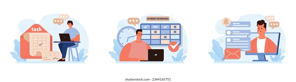 Hybrid work set. Characters with a flexible schedule, working from office and home. Telework and outsource, employee work globaly. Digital nomad or freelancer idea. Flat vector illustration