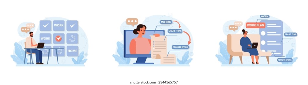 Hybrid work set. Characters with a flexible schedule, working from office and home. Telework and outsource, employee work globaly. Digital nomad or freelancer idea. Flat vector illustration