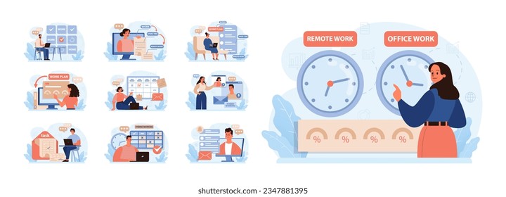 Hybrid work set. Characters with a flexible schedule, working from office and home. Telework and outsource, employee work globaly. Digital nomad or freelancer idea. Flat vector illustration