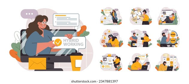 Hybrid work set. Characters with a flexible schedule, working from office and home. Telework and outsource, employee work globaly. Digital nomad or freelancer idea. Flat vector illustration