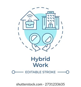 Icono de concepto azul suave de trabajo híbrido. Oficina Corporativa, empleado remoto. Organización del lugar de trabajo. Ilustración de línea de forma redonda. Abstractas idea. Diseño gráfico. Fácil de usar en la presentación, artículo