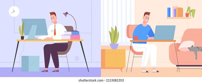 Hybrid Work. Split Office Workplace, Businessman Workforce Efficient Employee Company, Alternative Time For Home Job, Flexible Placed Work, Vector Illustration. Hybrid Workforce Working