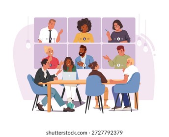 Video Equipo de trabajo híbrido que tiene reunión de oficina y conferencia con colegas remotos escena de dibujos animados. Colaboración corporativa flexible, Ilustración vectorial moderna de la productividad empresarial y laboral