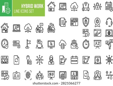 Hybrid work and telecommuting vector line icon set. Work from home, computer, online team meeting, cloud communication, and desk setup icons.