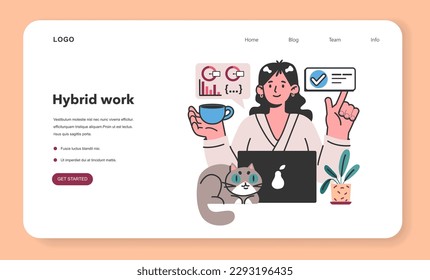 Banner web de trabajo híbrido o página de inicio. Carácter femenino con horario flexible, trabajando desde casa. Teletrabajo y subcontratación. Nómada digital o idea independiente. Ilustración vectorial plana