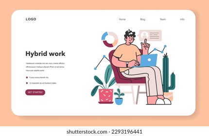 Hybrid work web banner or landing page. Male character with a flexible schedule, working from home. Telework and outsource. Digital nomad or freelancer idea. Flat vector illustration