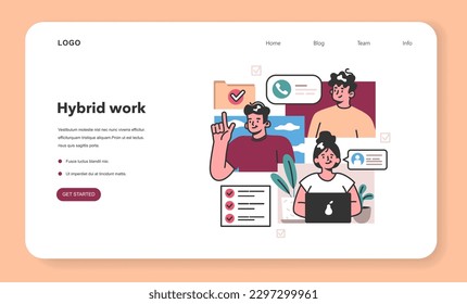 Hybrid work web banner or landing page. Characters with a flexible schedule, working from different places, communicating by video call. Digital nomad or freelancer idea. Flat vector illustration