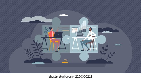 Hybrid work and workspace split with office and home tiny person concept. Distant colleague communication and virtual connection for flexible and productive workspace interaction vector illustration.