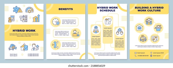 Hybrid Work Yellow Brochure Template. Home And Office. Leaflet Design With Linear Icons. Editable 4 Vector Layouts For Presentation, Annual Reports. Arial-Black, Myriad Pro-Regular Fonts Used