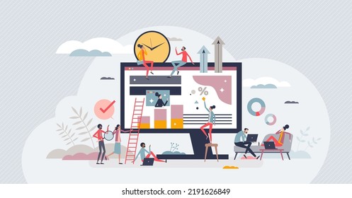 Hybrid workforce with distant employees and flexible job tiny person concept. Business model with outsourcing colleagues for remote online tasks vector illustration. Efficient project management.