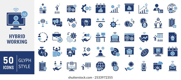 Hybrid working icon collection. Containing remote work, flexibility, office, home, collaboration, technology, communication icon. Simple flat vector illustration.