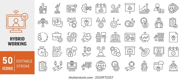 Colección de ícono de trabajo híbrido. Contiene trabajo remoto, flexibilidad, oficina, hogar, colaboración, tecnología, icono de comunicación. Ilustración vectorial de línea simple.