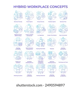 Hybrid workplace blue gradient concept icons. Practices in hybrid work environments. Working from home or from office. Icon pack. Vector images. Round shape illustrations. Abstract idea