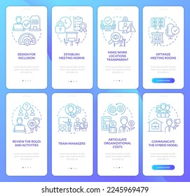 Hybrid workplace blue gradient onboarding mobile app screen set. Transformation walkthrough 5 steps graphic instructions with linear concepts. UI, UX, GUI template. Myriad Pro-Bold, Regular fonts used