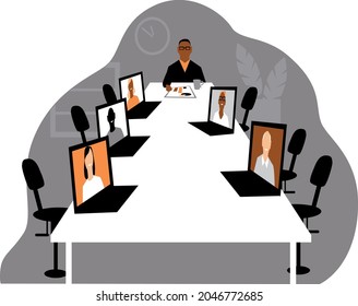 Hybrid workplace company holding a meeting where most employees participating via online video conference, EPS 8 vector illustration	