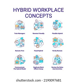 Hybrid Workplace Concept Icons Set. Remote And In Office Work Shifts. Flexible Schedule Idea Thin Line Color Illustrations. Isolated Symbols. Editable Stroke. Roboto-Medium, Myriad Pro-Bold Fonts Used