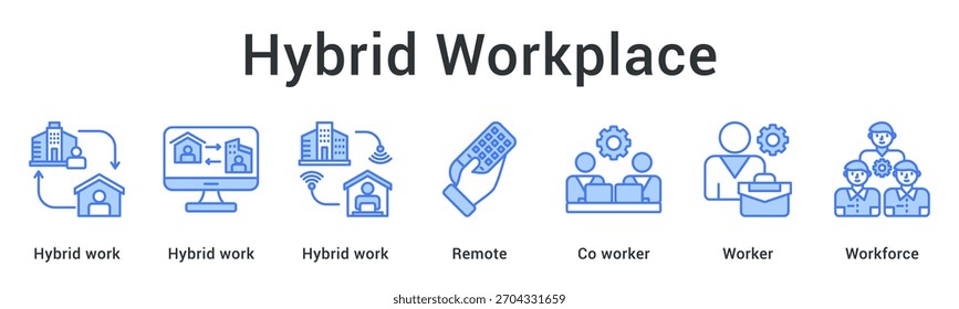 Modelo de local de trabalho híbrido que combina acordos de trabalho flexíveis com colegas de trabalho remotos que criam uma força de trabalho eficaz. Elemento de ícone para design