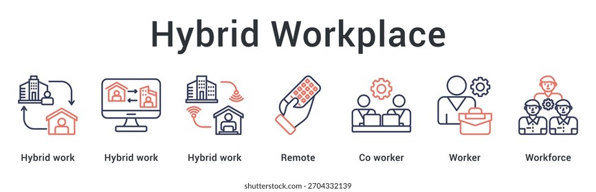Modelo de lugar de trabajo híbrido que combina modalidades de trabajo flexibles con trabajadores a distancia que crean una fuerza de trabajo eficaz. Elemento de icono para el diseño