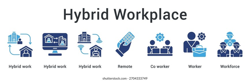 Modelo de local de trabalho híbrido que combina acordos de trabalho flexíveis com colegas de trabalho remotos que criam uma força de trabalho eficaz. Elemento de ícone para design