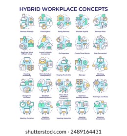 Hybrid workplace multi color concept icons. Practices in hybrid work environments. Working from home or from office. Icon pack. Vector images. Round shape illustrations. Abstract idea
