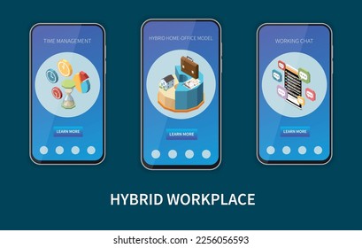 Hybrid workplace time management home office model working chat isometric set of vertical mobile banners isolated vector illustration