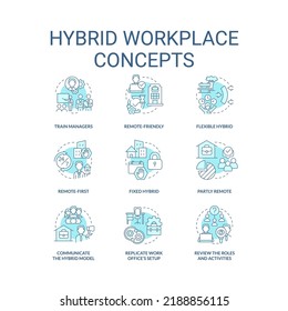 Hybrid Workplace Turquoise Concept Icons Set. Work Shifts. Flexible Schedule Idea Thin Line Color Illustrations. Isolated Symbols. Editable Stroke. Roboto-Medium, Myriad Pro-Bold Fonts Used