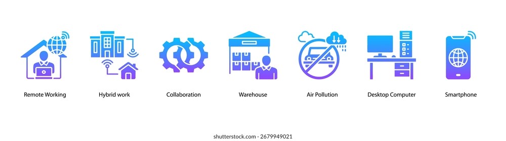 Ilustración vectorial híbrida de Anuncio de Web en el lugar de trabajo con trabajo remoto, trabajo híbrido, colaboración, almacén, contaminación del aire, computadora de escritorio y teléfono inteligente.