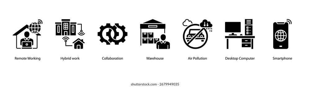 Ilustração do vetor de banner da Web do Local de Trabalho Híbrido apresentando Trabalho Remoto, Trabalho Híbrido, Colaboração, Depósito, Poluição do Ar, Computador Desktop e Smartphone.
