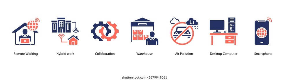 Hybrid Workplace web banner vector illustration featuring Remote Working, Hybrid Work, Collaboration, Warehouse, Air Pollution, Desktop Computer, and Smartphone.
