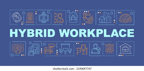 Hybrid Workplace Word Concepts Dark Blue Banner. Corporate Culture. Infographics With Editable Icons On Color Background. Isolated Typography. Vector Illustration With Text. Arial-Black Font Used