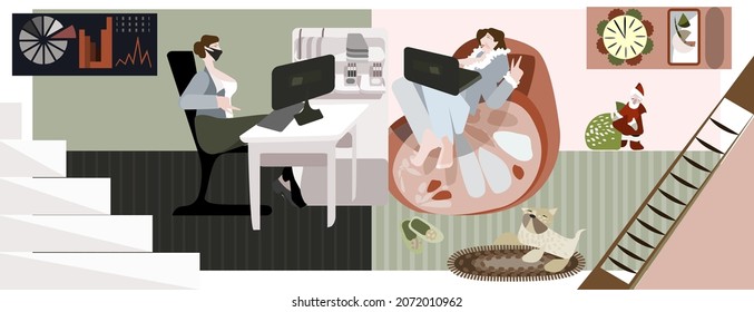 Hybrid Workplace.Freelancer Working With Laptop.Face Mask Working On Computer.Flat Vector Illustration.