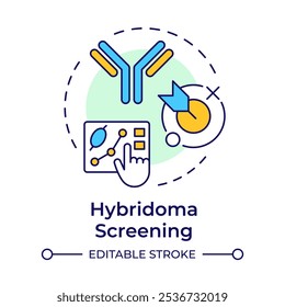Icono de concepto multicolor de detección de hibridoma. Proceso de producción de anticuerpos. Pruebas de células. Análisis de datos. Ilustración de línea de forma redonda. Abstractas idea. Diseño gráfico. Fácil de usar en el artículo