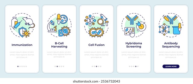 Hybridoma technology onboarding mobile app screen. Walkthrough 5 steps editable graphic instructions with linear concepts. UI, UX, GUI template