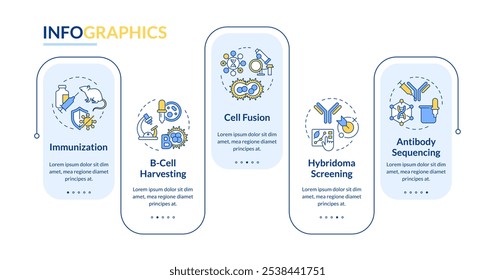 Hybridoma technology rectangle infographic vector. Immunization. Monoclonal antibodies. Data visualization with 5 steps. Editable rectangular options chart