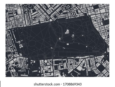 Hyde Park in Central London, England, United Kingdom, UK black and white poster with footpaths and nearby buildings, neighborhood footprint plan svg