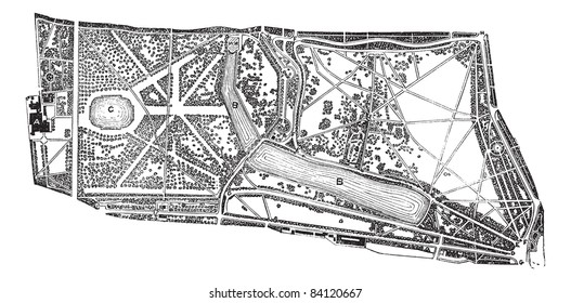 Hyde Park und Kensington Gardens, Umgebung, während der 1890er Jahre, Vintage-Gravur. Alte gravierte Abbildung der Karte des Hyde Parks und der Kensington Gardens in London. Trousset-Enzyklopädie (1886 - 1891)