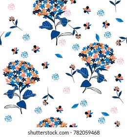 Hydenyear pattern seamless flowers Pattern Isolated on white and blue color. Botanical Floral Decoration Texture. Hand drawing Design for Fabric Print, Wallpaper Background.