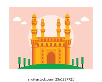 Hyderabad charminar gate building in India, a famous tourist attraction monument. Character design. Vector flat illustration