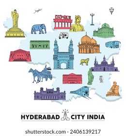 HYDERABAD city hand drawing, Outline Hyderabad India City Skyline with Historical Buildings illustration, Hyderabad monuments in the map.