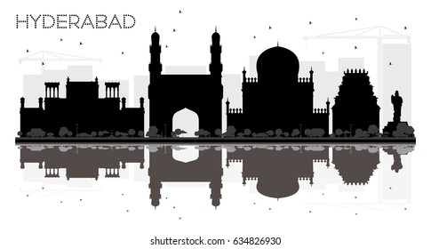 Hyderabad City skyline black and white silhouette with reflections. Vector illustration. Simple flat concept for tourism presentation, banner, placard or web site. Cityscape with landmarks.
