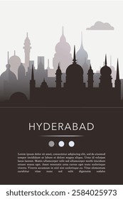 Hyderabad city template for website, presentation, front page, invitation, publication sheet with skyline, landmarks. Vector India image layout, simple and grayscale