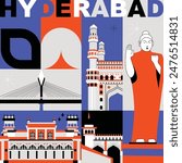 Hyderabad culture travel set, famous architectures and specialties in flat design. Business travel and tourism concept clipart. Image for presentation, banner, website, advert, flyer, roadmap, icons