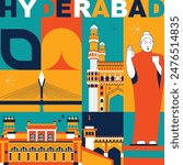 Hyderabad culture travel set, famous architectures and specialties in flat design. Business travel and tourism concept clipart. Image for presentation, banner, website, advert, flyer, roadmap, icons