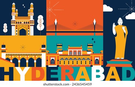 Hyderabad culture travel set, famous architectures and specialties in flat design. Business travel and tourism concept clipart. Image for presentation, banner, website, advert, flyer, roadmap, icons