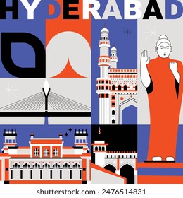 Hyderabad culture travel set, famous architectures and specialties in flat design. Business travel and tourism concept clipart. Image for presentation, banner, website, advert, flyer, roadmap, icons