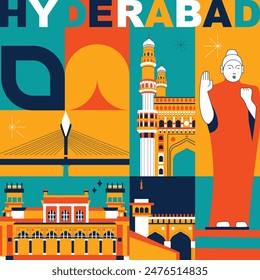 Hyderabad culture travel set, famous architectures and specialties in flat design. Business travel and tourism concept clipart. Image for presentation, banner, website, advert, flyer, roadmap, icons