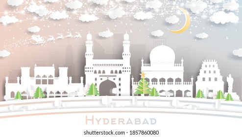 Hyderabad India City Skyline in Paper Cut Style with Snowflakes, Moon and Neon Garland. Vector Illustration. Christmas and New Year Concept. Santa Claus on Sleigh.