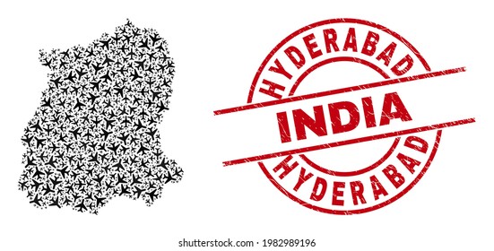 Hyderabad India distress badge, and Sikkim State map mosaic of aviation items. Mosaic Sikkim State map created of airplanes. Red imprint with Hyderabad India tag, and distress rubber texture.